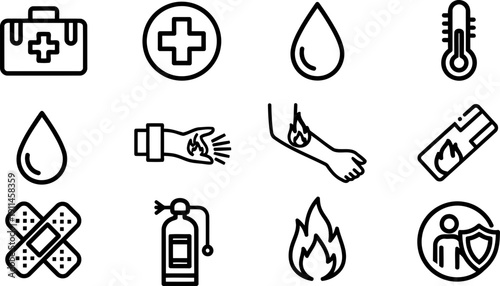 Burn Awareness Week medical and safety icon set