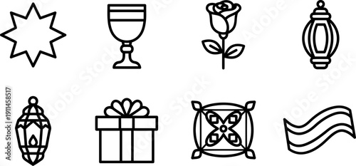Ayyam-i-Ha celebration icons in outline vector style