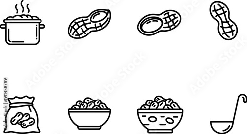 National Boiled Peanuts Day icon set with cooking pot and peanuts