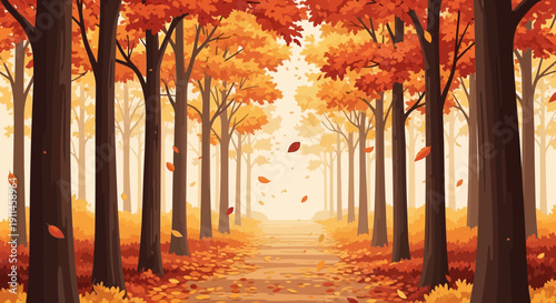 Vibrant vector illustration of an autumn forest path with falling orange and red leaves, leading towards a bright, hazy light in the distance.