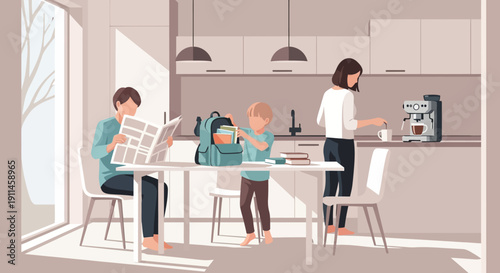 Vector illustration of a family in a minimalist kitchen, with a father reading a newspaper, a child packing a backpack, and a mother making coffee.