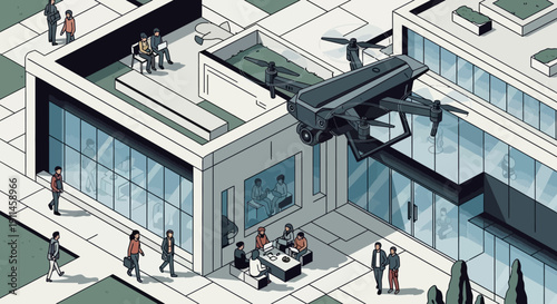 Isometric vector illustration of a dark grey drone flying over a contemporary office building with people working inside and walking on the surrounding pavement.