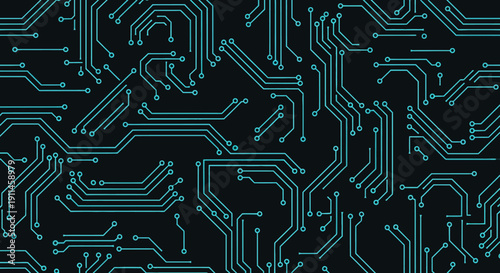Seamless vector circuit board pattern with glowing aqua lines and dark charcoal background, ideal for technology website UI or digital presentation.