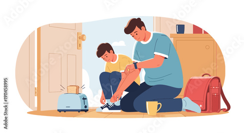 A father helps his son tie shoelaces in a cozy home entrance scene, with a toaster popping bread and a red backpack nearby, vector illustration.