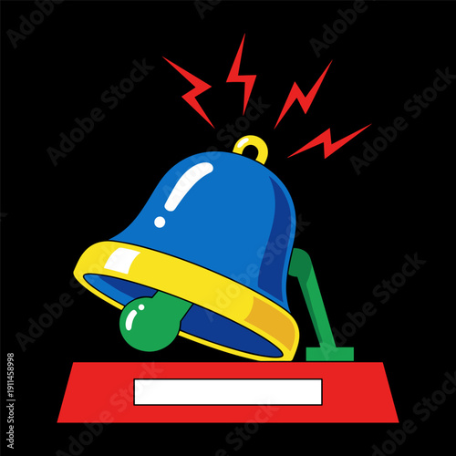Vibrant alarm bell ringing loudly with red lightning bolts