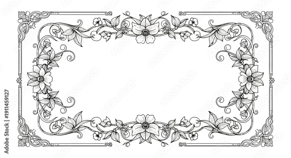 Fototapeta premium Intricate black and white vector illustration of a rectangular floral frame with delicate blossoms, leaves, and ornate corner flourishes, isolated on a transparent background.