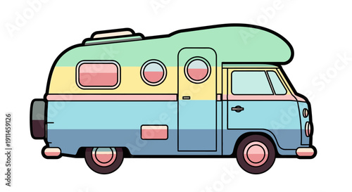 Pastel blue and mint green retro camper van vector illustration with yellow and pink accents, isolated on transparent background for travel or vacation designs.
