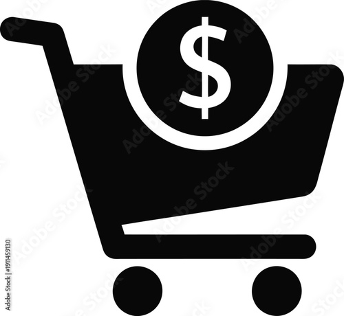 E commerce shopping cart with dollar sign icon for online shopping and financial transactions