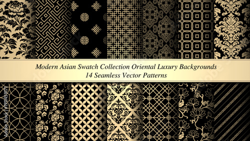 Luxury Black & Gold Asian Seamless Pattern Set - Modern Oriental Backgrounds
