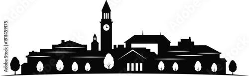 Black silhouette of a town with a clock tower and buildings