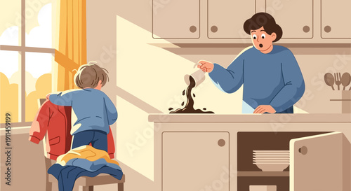 Vector illustration of a surprised mother spilling coffee on a white kitchen counter while her child attempts to put on a red jacket by a sunlit window.