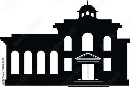 A black silhouette of a building with a dome and columns