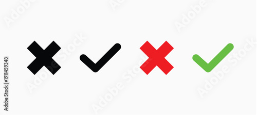 Check Mark, Cross Icon Set. Vector Illustration.