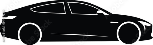 A sleek black car with white outline on a plain background
