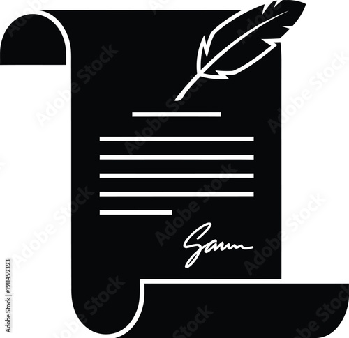 A black and white illustration of a signed document with a feather quill