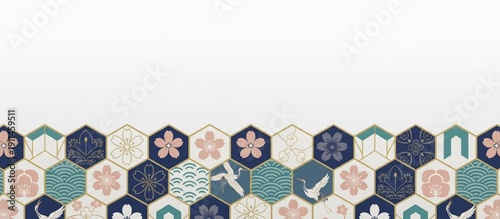 Japanese Traditional Hexagonal Pattern Background With Cranes