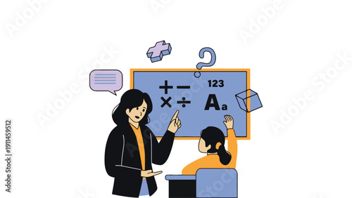Teacher helping student with math problems on blue chalkboard illustration