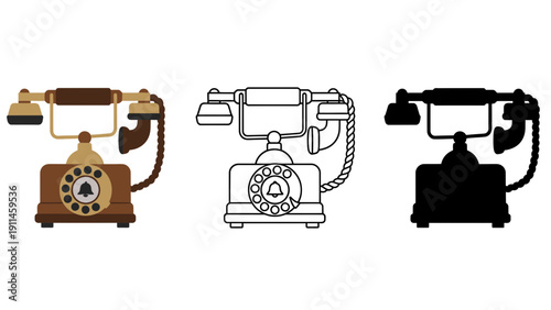 Rotary phone vector illustration with colorful, black and white versions