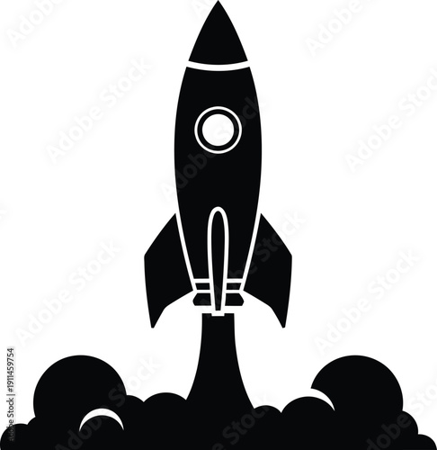 Black and white illustration of a rocket ship launching into space