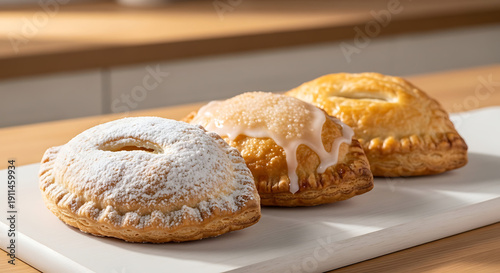 Three flaky golden fruit turnovers with powdered sugar and glazed icing served on a rustic white wooden pastry board