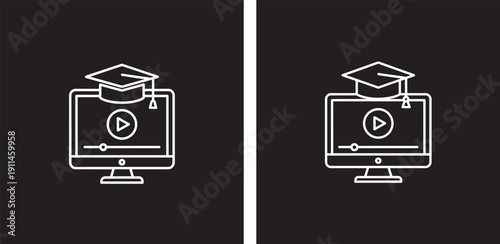 Online education concept: computer screen with graduation cap and play button, symbolizing e-learning and virtual studies.