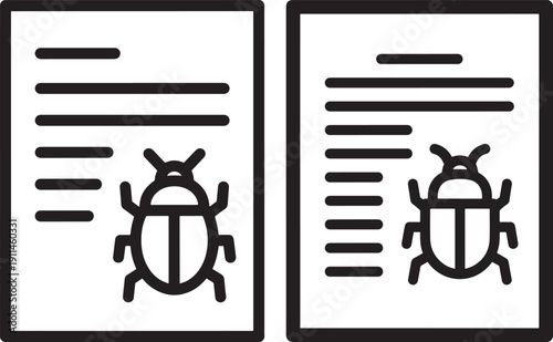 Two computer bug icons on documents, representing software errors, debugging, and coding problems in a minimalist vector illustration.