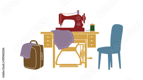 Sewing machine on a wooden desk with chair and luggage nearby