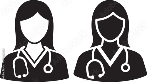 Two doctors or medical professionals with stethoscopes, vector icons representing healthcare, medicine, and assistance.