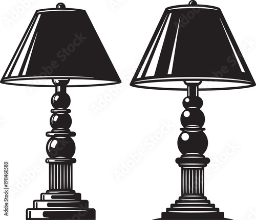 Classic Black and White Table Lamps Vector Illustration with Detailed Ornate Bases and Conical Shades for Interior Decor