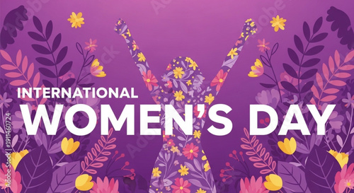 International women's day celebration with floral pattern woman arms up in purple background