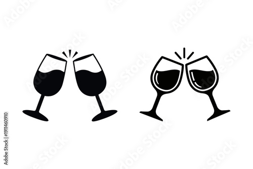Cheers Clinking Wine Glasses Silhouette, Toasting Champagne Flutes Icon Set, Celebration Toast Outline Clipart, Party Glasses Cheers Vector Pack