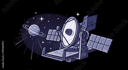Satellite dish antenna transmits data in space with solar panels and planet background