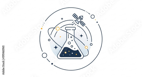 Science experiment beaker with stars and satellite in space circle