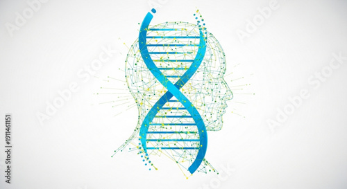 Dna double helix structure overlapping human head profile symbolizing genetic science and biotechnology concepts