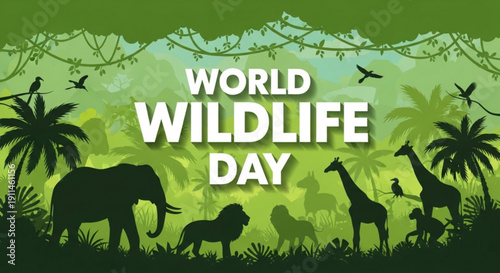World wildlife day illustration with jungle animals and plants in green gradient background