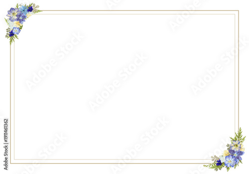 上品な青い花のゴールドフレーム背景 横型16:9 ミニマル装飾 認定証・プレゼン・ポスター用素材