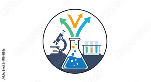 Science laboratory equipment with microscope beaker and test tubes representing research and experimentation in a circular icon