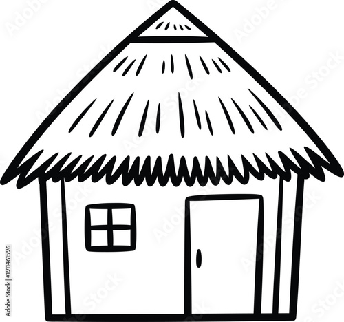 Simple black and white line drawing of a traditional thatched roof hut or tiki hut