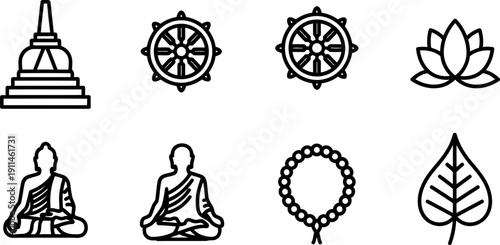Parinirvana Day Buddhist symbols icons collection