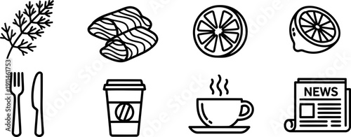 National Bagels and Lox Day food and drink icons vector set