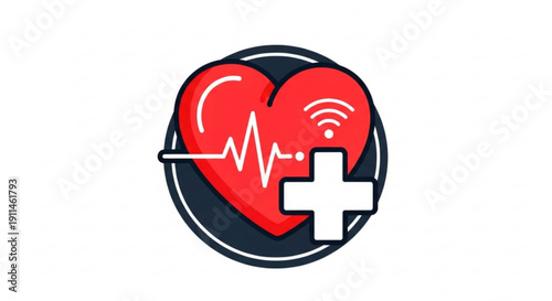 Medical heartbeat symbol with wi fi signal and cross on dark blue background