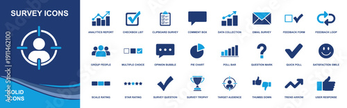 Survey icon set. Containing questionnaire, feedback, rating, poll, checklist, analytics, results, approval, chat, email, target, chart, and more. Solid fill vector icons collection