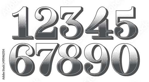 Set of numbers san serif style. Vintage typography black and white with halftone effect from 1 to 0.