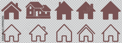 Collection home icons. House symbol. Set of real estate objects and houses black icons isolated on white background. Vector illustration.