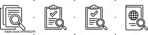 Document verification and search line icons set with clipboard checklist and magnifying glass symbols