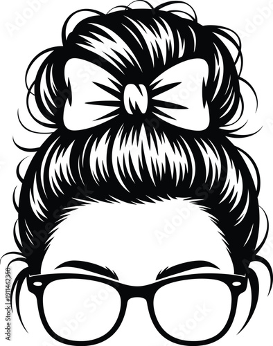 Black and white illustration of womans head with glasses and hair bow on top