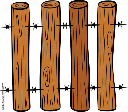 Four wooden fence posts with barbed wire for rustic or countryside settings