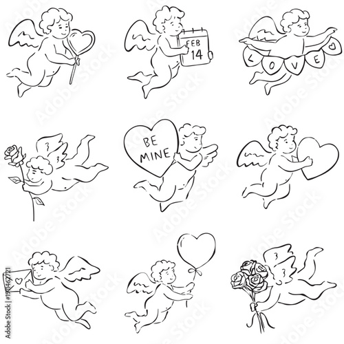 Quadro su tela Cupid Line Art Set – Cute Hand Drawn Valentine Angels with Hearts, Bow and Love
