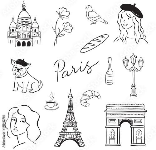 Fotografie Paris Line Art Icon Set – Eiffel Tower, Arc de Triomphe, French Bulldog, Croissa