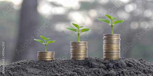 Financial growth concept with young green plants growing from stacks of gold coins for investment